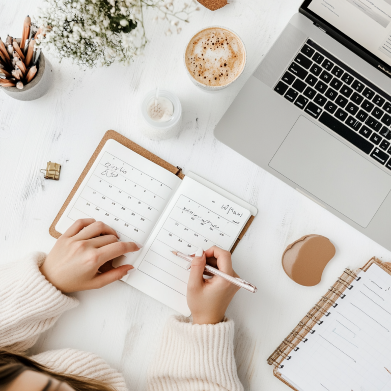 cren93_A_woman_writing_in_a_planner_on_a_table_with_an_open_lap_42bacaea-5fa2-4d74-a4c2-094f86f4b56a